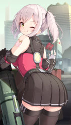 Rule 34 | 1girl, ;p, ass, bare shoulders, black skirt, black sleeves, black thighhighs, breasts, building, closed mouth, commentary request, copyright request, day, detached sleeves, fingerless gloves, firecrackers, from behind, gloves, grey hair, highres, juliet sleeves, leaning forward, long sleeves, looking at viewer, looking back, medium breasts, ominaeshi (takenoko), one eye closed, outdoors, pleated skirt, puffy sleeves, red shirt, rocket launcher, shirt, side ponytail, skirt, skyscraper, sleeveless, sleeveless shirt, smile, solo, thighhighs, tongue, tongue out, weapon, white gloves, yellow eyes