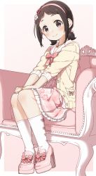 Rule 34 | 1girl, black hair, bow, brown background, brown jacket, closed mouth, copyright request, couch, dress, forehead, frilled dress, frills, hairband, heart, high heels, highres, idolmaster, idolmaster cinderella girls, jacket, loafers, looking at viewer, low twintails, muramatsu sakura, on couch, open clothes, open jacket, pink dress, pink footwear, pink hairband, pleated dress, purple eyes, red bow, sailor collar, sailor dress, shoes, short twintails, sitting, smile, socks, solo, twintails, two-tone background, white background, white sailor collar, white socks, yukie (kusaka shi)
