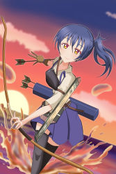 Rule 34 | 1girl, alternate costume, alternate hairstyle, archery, arrow (projectile), artist name, artist request, black legwear, blue hair, blue hakama, blue skirt, blue sky, blush, bow (weapon), breasts, brown gloves, collarbone, cosplay, female focus, fingerless gloves, gloves, hair between eyes, hair ribbon, hair tie, hakama, hakama shorts, hakama skirt, highres, holding, holding arrow, holding bow (weapon), holding weapon, japanese clothes, kaga (kancolle), kaga (kancolle) (cosplay), kantai collection, kimono, kyuudou, layered skirt, long hair, long sleeves, looking at viewer, love live!, love live! school idol festival, love live! school idol project, machinery, miniskirt, muneate, ocean, orange sky, parted lips, partially fingerless gloves, partly fingerless gloves, pink lips, plaid, plaid kimono, plaid skirt, pleated, pleated skirt, ponytail, purple ribbon, ribbon, short sleeves, shorts, side ponytail, single glove, skirt, sky, smile, solo, sonoda umi, sunset, trait connection, weapon, white kimono, yellow eyes, yugake, yumi (bow)