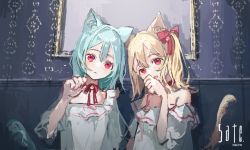 Rule 34 | 2girls, animal ear fluff, animal ears, artist name, bare shoulders, bell, blonde hair, blouse, blue hair, blush, bow, cat day, cat ears, cat tail, closed mouth, commentary, empty picture frame, flandre scarlet, frown, hair bell, hair between eyes, hair bow, hair ornament, hand up, indoors, kemonomimi mode, looking at viewer, medium hair, multiple girls, neck bell, neck ribbon, no headwear, no headwear, off-shoulder shirt, off shoulder, one side up, open mouth, paw pose, picture frame, red bow, red eyes, red ribbon, remilia scarlet, ribbon, sate usazirou, shirt, short sleeves, siblings, sisters, tail, touhou, upper body, white shirt