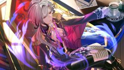 Rule 34 | 1boy, absurdres, belt, blue fire, chair, cross-shaped pupils, cup, edmond dantes (fate), fate/grand order, fate (series), fire, gloves, glowing, gradient hair, grey hair, highres, holding, holding cup, light (nightty45), male focus, multicolored hair, on chair, purple fire, reading, red eyes, sitting, solo, symbol-shaped pupils, the count of monte cristo (fate)