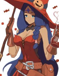 Rule 34 | 1girl, alternate costume, bare shoulders, belt, blue eyes, bow, bowtie, braid, breasts, closed mouth, dragalia lost, flask, halloween costume, hat, hat belt, highres, holding, holding flask, large breasts, long hair, potato jetro, upper body, verica, witch hat