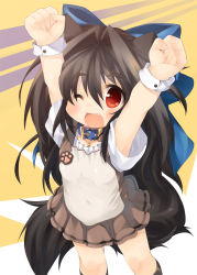Rule 34 | 1girl, :3, ;d, animal ears, animal hands, arms up, bow, brown eyes, brown hair, collar, dog ears, dog tail, eyebrows, fang, hair bow, kannagi cocoa, long hair, one eye closed, open mouth, original, skirt, smile, solo, tail, toba hiyoko, wink, wrist cuffs