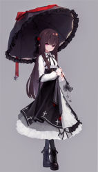 Rule 34 | 1girl, absurdres, ai floverse, arm ribbon, beads, black choker, black footwear, black legwear, black ribbon, black umbrella, blunt bangs, boots, bow, brown hair, chinese commentary, choker, collared dress, commentary request, cross, cross-laced footwear, cross choker, cross print, dress, expressionless, flower, frilled dress, frilled umbrella, frills, full body, gothic lolita, grey background, hair flower, hair ornament, hair ribbon, highres, holding, holding umbrella, lace-up boots, layered dress, layered sleeves, lolita fashion, long dress, long hair, long sleeves, looking at viewer, neck ribbon, original, parasol, pink eyes, polka dot sleeves, red flower, red ribbon, revision, ribbon, see-through, see-through sleeves, solo, standing, straight hair, umbrella, underbust, very long hair, white dress