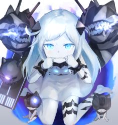 Rule 34 | 1girl, abyssal ship, bad id, bad pixiv id, barefoot, blue eyes, bracelet, colored skin, commentary request, dress, glowing, glowing eyes, highres, horns, jewelry, kantai collection, long hair, looking at viewer, northern little sister, simple background, sitting, solo, spiked bracelet, spikes, turret, wariza, weasel (close-to-the-edge), white background, white dress, white hair, white skin