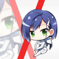 Rule 34 | 10s, 1girl, blue hair, blush, bodysuit, breasts, chibi, closed mouth, commentary request, darling in the franxx, green eyes, hair ornament, ichigo (darling in the franxx), looking at viewer, medium breasts, pilot suit, shachoo., short hair, sitting, smile, solo, white bodysuit, zoom layer