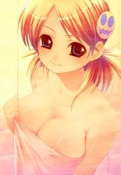 Rule 34 | 00s, 1girl, areola slip, bare shoulders, blonde hair, blue eyes, breasts, cleavage, naked towel, nipple slip, nipples, non-web source, sasamori karin, smile, solo, to heart (series), to heart 2, towel, twintails