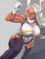 Rule 34 | 1girl, abs, arm up, bare shoulders, boku no hero academia, breasts, gloves, grey background, impossible clothes, impossible leotard, kicking, large breasts, leotard, long hair, looking to the side, mirko, muscular, muscular female, open mouth, purple thighhighs, red eyes, ryopie, solo, sweat, thighhighs, thighs, two-tone background, white gloves, white hair, white leotard