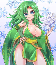Rule 34 | 1girl, arm up, blue eyes, breasts, cleavage, detached sleeves, final fantasy, final fantasy iv, green hair, green leotard, green sleeves, hair ornament, hand on own hip, harimao (hanzou uji), highres, large breasts, leotard, loincloth, long hair, looking at viewer, rydia (ff4), smile, solo, thighs