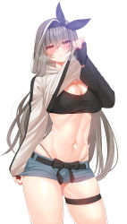 Rule 34 | 1girl, absurdres, black shirt, blouse, blush, breasts, cleavage, closers, clothes lift, fingerless gloves, gloves, grey hair, hair between eyes, half-closed eyes, highres, hood, hooded shirt, hoodie, hoodie lift, jacket, jacket lift, large breasts, long hair, looking at viewer, midriff, mirae (closers), navel, parted lips, red eyes, shirt, short shorts, shorts, simple background, skindentation, skulllee, solo, stomach, thigh strap, thighs, very long hair, white background