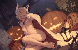 Rule 34 | 1girl, barefoot, bigrbear, blood, blush, breasts, candy, cape, food, green eyes, halloween, highres, jack-o&#039;-lantern, lamp, legs, looking at viewer, naked cape, nipples, nude, open mouth, original, pumpkin, short hair, sitting, small breasts, solo, tears, white cape, white hair