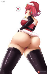 Rule 34 | 1girl, absurdres, artist name, ass, blush, boots, breasts, dress, elbow gloves, from behind, fur trim, gloves, hat, heart, highres, huge ass, large breasts, looking at viewer, looking back, mystyhw, nintendo, pyra (xenoblade), red eyes, red hair, santa costume, santa dress, santa hat, short hair, simple background, solo, spoken heart, thick thighs, thigh boots, thighhighs, thighs, thong, tiara, white background, xenoblade chronicles (series), xenoblade chronicles 2