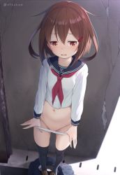 Rule 34 | 1girl, anchor symbol, black thighhighs, blue sailor collar, blue skirt, blush, bow, bow panties, brown eyes, brown footwear, brown hair, clothes pull, commentary request, day, dx (dekusu), fingernails, groin, hair between eyes, hair ornament, hairclip, highres, ikazuchi (kancolle), kantai collection, loafers, long sleeves, navel, neckerchief, outdoors, panties, panty pull, parted lips, pleated skirt, red neckerchief, sailor collar, school uniform, serafuku, shirt, shoes, skirt, skirt pull, solo, standing, thighhighs, twitter username, underwear, white panties, white shirt