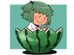 Rule 34 | 1girl, braid, female focus, food, fork, fruit, fruit cup, green hair, hair bobbles, hair ornament, in container, in food, japanese clothes, kimono, kisume, knife, onikobe rin, oversized object, smile, solo, touhou, twin braids, twintails, watermelon, yukata, | |