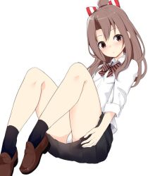 Rule 34 | 1girl, black skirt, black socks, blush, bow, breasts, brown bow, brown eyes, brown footwear, brown hair, closed mouth, collared shirt, diagonal stripes, dress shirt, hair bow, kantai collection, loafers, long hair, long sleeves, looking at viewer, panties, pleated skirt, school uniform, shirt, shoes, simple background, skirt, small breasts, socks, solo, striped, striped bow, underwear, white background, white panties, white shirt, zarashi, zuihou (kancolle)