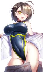 Rule 34 | 1girl, ahoge, azur lane, baltimore (after-school ace) (azur lane), baltimore (azur lane), black one-piece swimsuit, black skirt, braid, breasts, brown hair, choker, commentary request, competition swimsuit, contrapposto, covered navel, cowboy shot, dress shirt, french braid, groin, hair between eyes, highleg, highleg swimsuit, large breasts, oboenikui namae, one-piece swimsuit, one eye closed, open clothes, pleated skirt, redrawn, revision, shiny clothes, shirt, short hair, simple background, skirt, solo, sweat, swimsuit, swimsuit under clothes, undressing, white background, yellow eyes