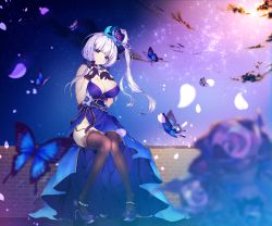 Rule 34 | 1girl, azur lane, bare shoulders, black gloves, black thighhighs, blue dress, blue eyes, blurry, breasts, brick wall, brown thighhighs, bug, butterfly, cleavage, dress, flower, garter straps, gloves, hair flower, hair ornament, hands up, hekiki riyo, high heels, highres, illustrious (azur lane), illustrious (never-ending tea party) (azur lane), insect, itasha, large breasts, long hair, looking at viewer, mole, mole under eye, night, night sky, outdoors, petals, purple footwear, sitting, sky, star (sky), starry sky, thighhighs, white hair