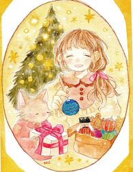 Rule 34 | 1girl, animal, arched bangs, blush, box, brown hair, cat, christmas tree, closed eyes, clothed animal, gift, gift box, highres, long hair, low ponytail, oniheya 53, open mouth, original, painting (medium), smile, solo, traditional media, tree, watercolor (medium)
