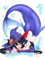 Rule 34 | 1girl, ass, black hair, breasts, detached sleeves, fins, full body, genshin impact, green eyes, hat, head fins, kirisaki byakko, large breasts, long hair, mermaid, mona (genshin impact), monster girl, monsterification, open mouth, purple hat, purple sleeves, signature, simple background, solo, sweat, twintails, white background, witch hat