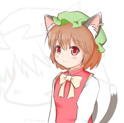 Rule 34 | 1girl, animal ear piercing, animal ears, blush, bow, bowtie, brown hair, cat ears, cat tail, chen, closed mouth, earrings, flat chest, gold trim, green hat, hair between eyes, hat, jewelry, light smile, long sleeves, looking ahead, mob cap, multiple tails, nekomata, red eyes, red vest, short hair, simple background, single earring, solo, split mouth, tail, touhou, two tails, upper body, uru (uru0301), vest, white background, white bow, white bowtie