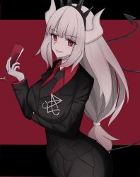 Rule 34 | 1girl, absurdres, black background, black jacket, black necktie, breasts, commentary request, crown, cup, demon girl, demon horns, demon tail, drinking glass, gloves, helltaker, highres, holding, holding cup, horns, jacket, large breasts, long hair, looking at viewer, lucifer (helltaker), mole, mole under eye, necktie, red background, red eyes, red shirt, shiro wa (shiroshironix), shirt, simple background, solo, tail, white gloves, white hair, white horns, wine glass