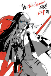 1girl absurdres blue_eyes blunt_bangs closed_mouth colored_shadow commentary_request copyright_name dated floating_hair greyscale highres hulkenberg_(metaphor:_refantazio) lips long_hair looking_at_viewer metaphor:_refantazio monochrome pointy_ears shadow signature simple_background soejima_shigenori_(style) solo spot_color user_rxtw4424