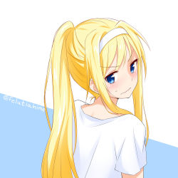 Rule 34 | 1girl, alice zuberg, alternate costume, alternate hairstyle, blonde hair, blue background, blue eyes, blush, closed mouth, commentary request, felutiahime, from behind, frown, hair intakes, hairband, high ponytail, highres, long hair, looking at viewer, looking back, ponytail, shirt, short sleeves, sidelocks, solo, sweatdrop, swept bangs, sword art online, sword art online: alicization, t-shirt, twitter username, upper body, wavy mouth, white background, white shirt