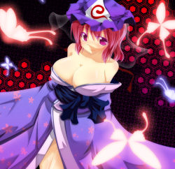 Rule 34 | 1girl, bare shoulders, blue dress, blush, body blush, breasts, bug, butterfly, cleavage, clothes down, covered erect nipples, dress, dutch angle, endou tatsumi, female focus, glowing, hat, hip focus, insect, japanese clothes, kimono, lips, looking at viewer, no bra, obi, pink eyes, pink hair, purple background, purple eyes, red background, red eyes, red hair, saigyouji yuyuko, sash, shiny skin, short hair, smile, solo, standing, touhou, triangular headpiece