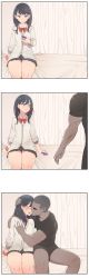 Rule 34 | 1boy, 1girl, 3koma, absurdres, age difference, bed, bed sheet, bedroom, black hair, blue eyes, blush, bow, bowtie, grabbing another&#039;s breast, breasts, cardigan, cellphone, comic, curtains, dark-skinned male, dark skin, grabbing, gridman universe, groping, half-closed eyes, hetero, highres, imminent penetration, indoors, interracial, kook, muscular, open mouth, phone, pleated skirt, school uniform, scrunchie, serafuku, sitting, skirt, smartphone, ssss.gridman, takarada rikka, thick thighs, thighs, tongue, tongue out