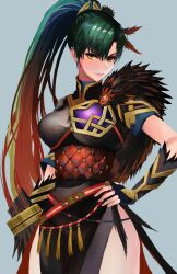 1girl armor breasts feather_trim fingerless_gloves fire_emblem fire_emblem:_the_blazing_blade fire_emblem_heroes gloves gold_trim gradient_clothes green_eyes green_hair high_ponytail highres kyel_hyde large_breasts long_hair looking_at_viewer lyn_(brave_lady)_(resplendent)_(fire_emblem) lyn_(fire_emblem) nintendo pelvic_curtain ponytail quiver side_slit solo