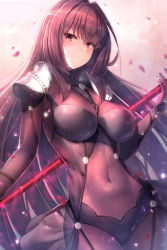 Rule 34 | 1girl, armor, aura, blurry, blurry background, blush, bodysuit, breasts, confetti, covered navel, cowboy shot, curvy, fate/grand order, fate (series), gae bolg (fate), hair between eyes, highres, holding, holding polearm, holding spear, holding weapon, large breasts, long hair, looking at viewer, motokonut, pauldrons, petals, polearm, purple bodysuit, purple hair, red eyes, scathach (fate), shoulder armor, sidelocks, smile, solo, spear, very long hair, weapon