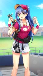 Rule 34 | 1girl, :d, baseball cap, blue hair, breasts, collarbone, day, doukyuusei another world, game cg, hair between eyes, hat, headband, holding, kakyuusei 2, long hair, looking at viewer, medium breasts, official art, open mouth, outdoors, ponytail, red eyes, red headband, red shirt, shirt, short shorts, short sleeves, shorts, smile, solo, stadium, standing, sweatdrop, takatoo nanase, towel, towel around neck, very long hair, white shorts, wristband
