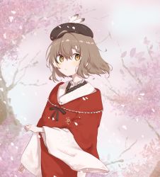 Rule 34 | 1girl, beret, brown eyes, brown hair, cherry blossoms, embroidery, feathers, floral print, hat, highres, hololive, hololive english, japanese clothes, kimono, looking at viewer, multicolored hair, nanashi mumei, nanashi mumei (new year), official alternate costume, pink background, print kimono, red shawl, rei931218, shawl, small hands, solo, streaked hair, virtual youtuber, white kimono, wide sleeves