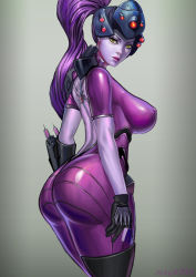 Rule 34 | 1girl, ass, back tattoo, bare back, bodysuit, breasts, colored skin, grey background, head-mounted display, large breasts, lips, long hair, looking at viewer, mavezar, nipples, overwatch, overwatch 1, ponytail, purple hair, purple skin, purple skirt, skirt, solo, spider tattoo, tattoo, thighs, widowmaker (overwatch), yellow eyes