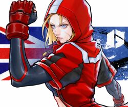 Rule 34 | 1girl, ai shou, blonde hair, blue eyes, breasts, cammy white, clenched hand, coat, cropped sweater, facial scar, gloves, highres, hood, hood up, hooded coat, lips, medallion, medium breasts, nose, official alternate costume, open clothes, open coat, red coat, red gloves, scar, scar on cheek, scar on face, short hair, solo, street fighter, street fighter 6, upper body