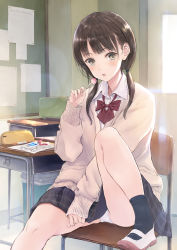 Rule 34 | 1girl, :o, bad id, bad pixiv id, between legs, black eyes, black skirt, black socks, blush, bow, bowtie, brown hair, cable, candy, candy wrapper, cardigan, chair, chalkboard, chestnut mouth, classroom, collared shirt, commentary request, desk, digital media player, door, food, fujita hidetoshi, hair tie, head tilt, headphones, holding, holding candy, holding food, holding lollipop, indoors, knee up, lens flare, light, light brown jacket, lollipop, long hair, long sleeves, looking at viewer, low-tied long hair, mary janes, open mouth, original, panties, paper, pencil case, plaid, plaid skirt, red bow, red bowtie, round teeth, school, school chair, school desk, school uniform, shirt, shoes, sitting, skirt, socks, solo, sunlight, teeth, trash can, underwear, uniform, uwabaki, white footwear, white panties, white shirt, wing collar