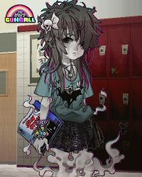 Rule 34 | 1girl, black hair, book, bracelet, carrie, chromatic aberration, colored skin, cowboy shot, door, ghost, ghost tail, grey skin, hair ornament, hallway, holding, holding book, hoshi kubi, indoors, jewelry, long hair, looking at viewer, lowres, magazine (object), necklace, oekaki, personification, school, shirt, skirt, skull hair ornament, solo, standing, t-shirt, the amazing world of gumball, transparent
