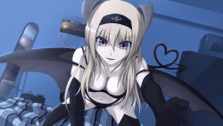 Rule 34 | 1girl, aircraft, airplane, bed, blonde hair, box, bra, breasts, calendar (object), cleavage, clock, demon girl, demon tail, elbow gloves, girl on top, gloves, hairband, headband, heart, heart tail, highres, horns, jewelry, lingerie, long hair, medium breasts, mirror, moon, necklace, nm (tshell2761), original, pale skin, panties, pov, purple eyes, straddling, demon girl, tail, thighhighs, underwear, wings