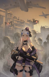 Rule 34 | 1girl, absurdres, assault rifle, bad id, bad pixiv id, breasts, cirilla lin, girls&#039; frontline, gloves, green eyes, gun, h&amp;k hk416, hairband, highres, hk416 (girls&#039; frontline), hk416 (mod3) (girls&#039; frontline), long hair, official alternate costume, open clothes, panties, pantyshot, rifle, silver hair, underwear, weapon, white gloves