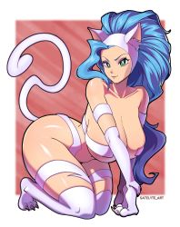 Rule 34 | 1girl, absurdres, all fours, animal ear fluff, animal ears, animal hands, artist name, ass, bare shoulders, blue hair, blurry, blurry background, border, breasts, cat ears, cat girl, cat tail, closed mouth, collarbone, commentary, covered erect nipples, english commentary, eyelashes, felicia (vampire), forehead, full body, green eyes, highres, huge breasts, kneeling, long hair, looking at viewer, navel, revealing clothes, sagging breasts, satelyte, shadow, slit pupils, smile, solo, stomach, tail, v-shaped eyebrows, vampire (game), white border