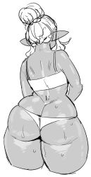 Rule 34 | ass, bare shoulders, bikini, butt crack, commentary request, curvy, dark skin, elf-san wa yaserarenai., from behind, greyscale, hair bun, highres, huge ass, kuroeda-san, long hair, monochrome, pointy ears, simple background, single hair bun, skindentation, sweat, swimsuit, synecdoche, thick thighs, thighs, white background, wide hips