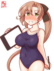 Rule 34 | 1girl, akigumo (kancolle), alternate costume, artist logo, blue one-piece swimsuit, blush, breasts, brown hair, collarbone, commentary request, competition school swimsuit, cowboy shot, dated, drawing tablet, green eyes, grin, hair ribbon, holding, holding drawing tablet, kanon (kurogane knights), kantai collection, large breasts, long hair, looking at viewer, mole, mole under eye, nose blush, one-hour drawing challenge, one-piece swimsuit, ponytail, ribbon, school swimsuit, smile, solo, standing, stylus, swimsuit, white background