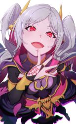 Rule 34 | 1girl, :d, aduti momoyama, black bridal gauntlets, breasts, bridal gauntlets, chromatic aberration, eyes of grima, finger to mouth, fingernails, fire emblem, fire emblem awakening, fire emblem heroes, grey hair, grima (fire emblem), highres, long hair, looking at viewer, medium breasts, nintendo, open mouth, parted bangs, red eyes, robin (female) (fire emblem), robin (fire emblem), simple background, smile, solo, twintails, white background