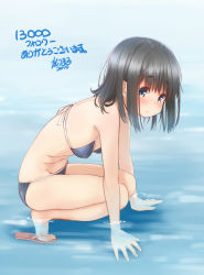 Rule 34 | 1girl, arm support, artist name, bikini, black hair, blue bikini, breasts, dated, from side, light blush, light frown, looking at viewer, medium hair, milestone celebration, navel, original, parted lips, retsumaru, sandals, signature, small breasts, solo, squatting, swimsuit, translated, wading, water