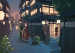 Rule 34 | 2boys, 2girls, architecture, batako, black hair, blonde hair, carrying, dusk, east asian architecture, formal, hands in pockets, japanese clothes, kimono, lantern, multiple boys, multiple girls, outdoors, plant, short hair, smile, tabi, traditional clothes, tree