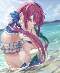 Rule 34 | 1girl, absurdres, back, highres, hololive, minato aqua, ocean, pink eyes, pink hair, sitting, solo, suzu (user kdex8732), swimsuit, twintails, virtual youtuber, water