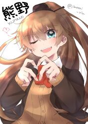 Rule 34 | 1girl, blazer, brown cardigan, brown hair, brown jacket, cardigan, character name, green eyes, heart, heart hands, highres, imaori rin, jacket, kantai collection, kumano (kancolle), kumano kai ni (kancolle), one-hour drawing challenge, open mouth, ponytail, school uniform, simple background, smile, solo, teeth, twitter username, upper body, upper teeth only, white background