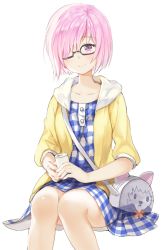 Rule 34 | 1girl, animal bag, bag, black-framed eyewear, blue dress, can, checkered clothes, checkered dress, closed mouth, commentary request, dress, fate/grand order, fate (series), fou (fate), glasses, hair over one eye, highres, holding, hood, hooded jacket, invisible chair, jacket, knees together feet apart, looking at viewer, mash kyrielight, mash kyrielight (senpai killer outfit), official alternate costume, one eye covered, pink hair, purple eyes, short hair, shoulder bag, sibyl, simple background, sitting, smile, solo, thighhighs, white background, yellow jacket