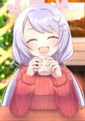Rule 34 | 1girl, blue archive, blurry, blurry background, blush, breasts, christmas tree, closed eyes, cup, fang, hair ornament, hairclip, halo, hanae (blue archive), head tilt, heart, heart hair ornament, highres, holding, holding cup, indoors, large breasts, long hair, long sleeves, low twintails, mirun (funimani), mistletoe hair ornament, open mouth, purple hair, red sweater, ribbed sweater, skin fang, smile, solo, sweater, twintails, upper body
