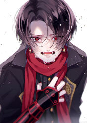 Rule 34 | 1boy, absurdres, black coat, black hair, black shirt, blurry, blurry foreground, brown trim, buttons, coat, commentary request, curtained hair, eyes visible through hair, hair over one eye, hand on own chest, highres, kashuu kiyomitsu, looking at viewer, male focus, mole, mole under mouth, open clothes, open coat, open mouth, parted hair, red eyes, red scarf, saniwazakuro, scarf, shirt, short hair, simple background, solo, tears, teeth, touken ranbu, upper body, white background